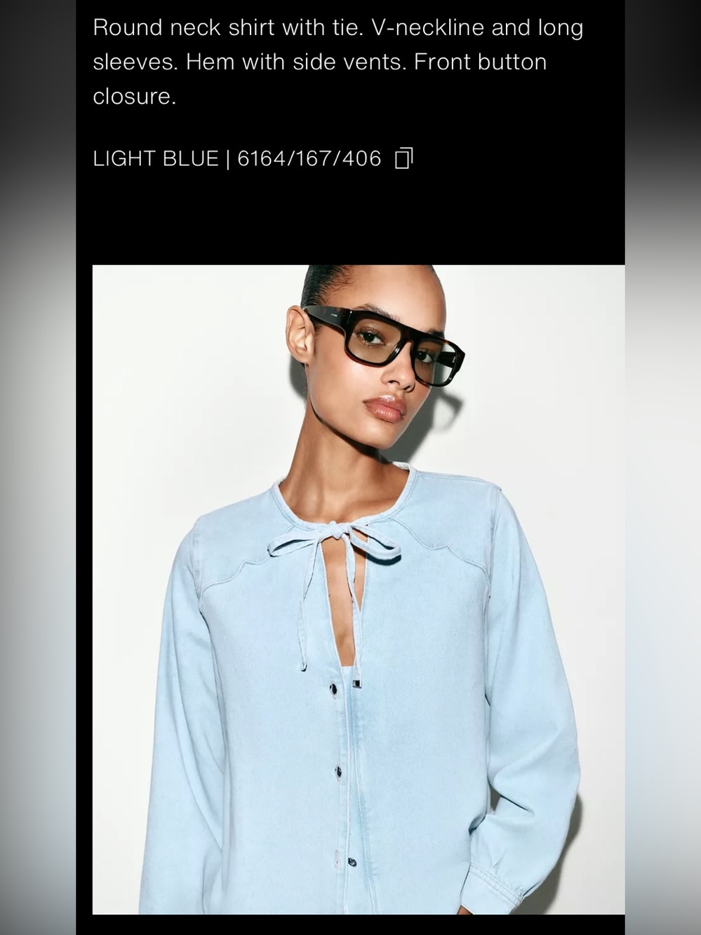 Zara Light Blue Soft Denim Tie-Neck Button Down Shirt Large NWT - Picture 7 of 13